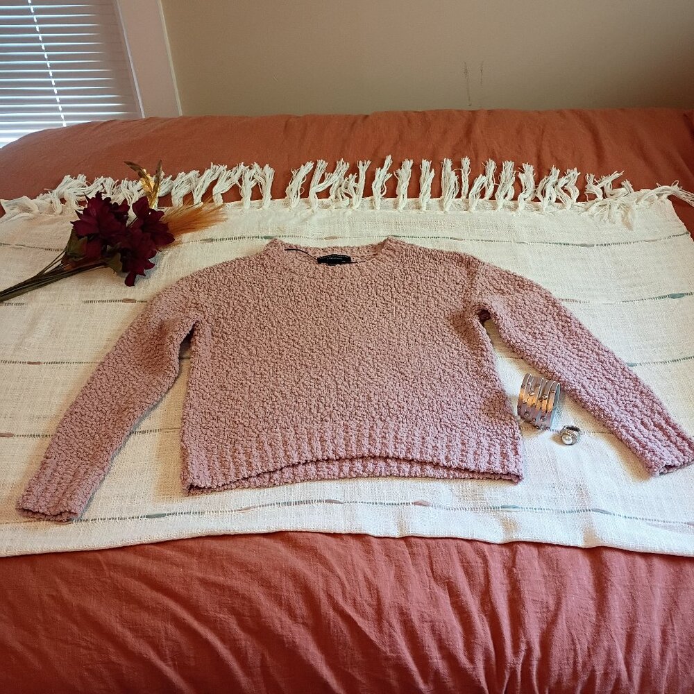 Small mauve pink soft fuzzy boho fall sweater